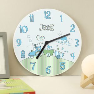 Boy's Blue Whimsical Train Personalised Wooden Baby Clock