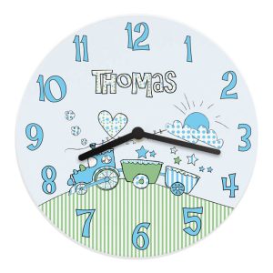 Boy's Blue Whimsical Train Personalised Wooden Baby Clock