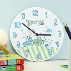Boy's Blue Whimsical Train Personalised Wooden Baby Clock