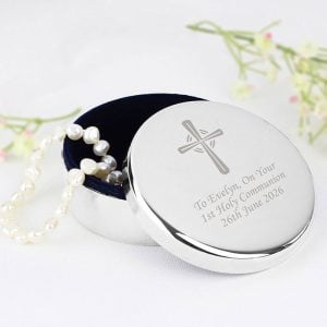Personalised Silver Cross Rosary Bead Trinket Box Communion