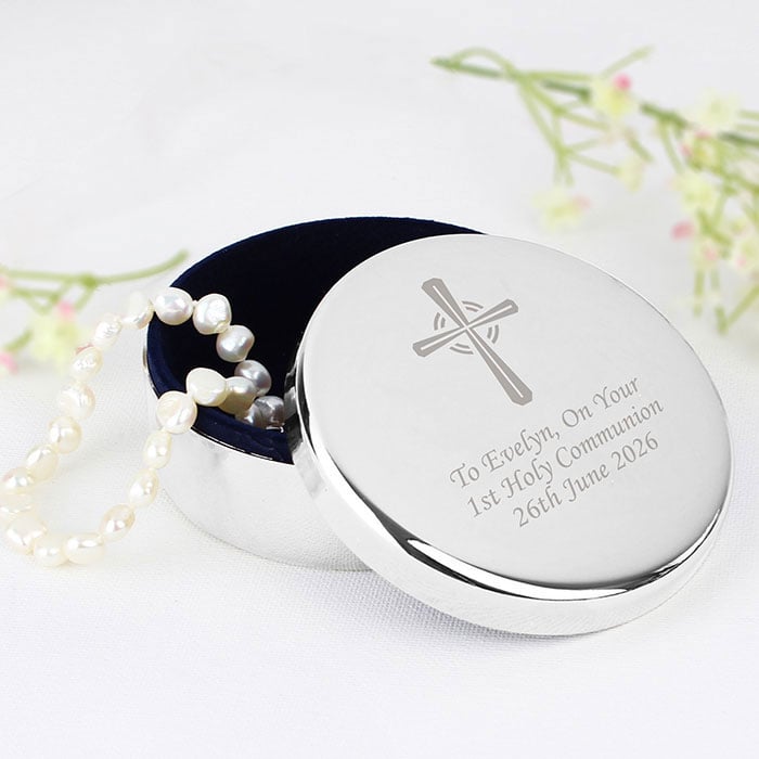 Personalised Silver Cross Rosary Bead Trinket Box Communion