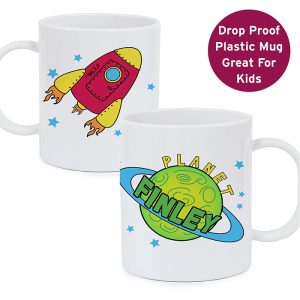 Boy's Drop Proof Plastic Personalised Space Rocket Name Mug