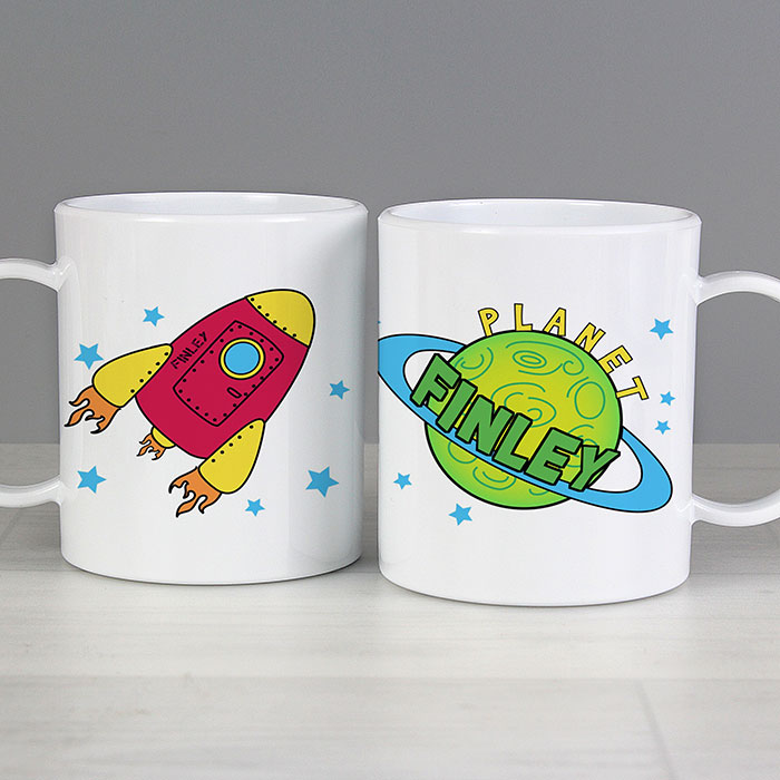 Boy's Drop Proof Plastic Personalised Space Rocket Name Mug