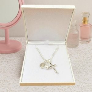 Engraved First Holy Communion Necklace with Cross and Pearl