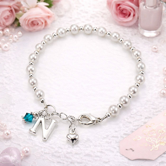 Silver Plated Initial Pearls and Birthstone Bracelet