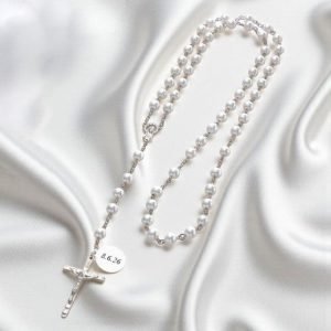 Girl's or Boy's Personalised White Pearl Rosary Necklace