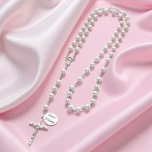 Girl's or Boy's Personalised White Pearl Rosary Necklace