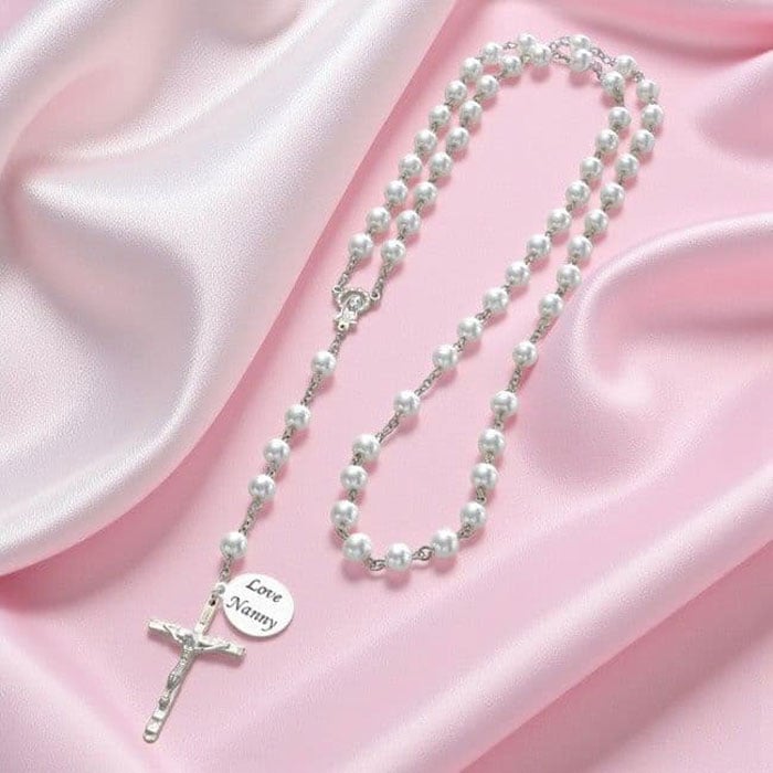 Girl's or Boy's Personalised White Pearl Rosary Necklace