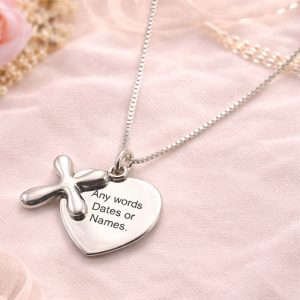 Sterling Silver Engraved Heart and Cross Necklace