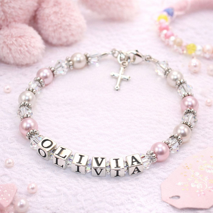 Sterling silver and pearl personalised christening name bracelet