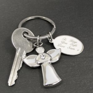 Silver Plated Diamante Angel Keyring With Engraved Tag