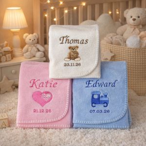 Personalised Newborn Baby Blanket in Pink Blue or Cream