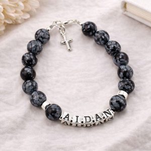 Boy's Silver & Black Personalised Communion Name Bracelet