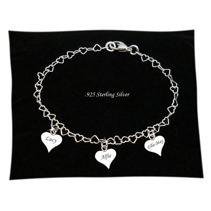 Mum's Sterling Silver Triple Personalised Heart Bracelet