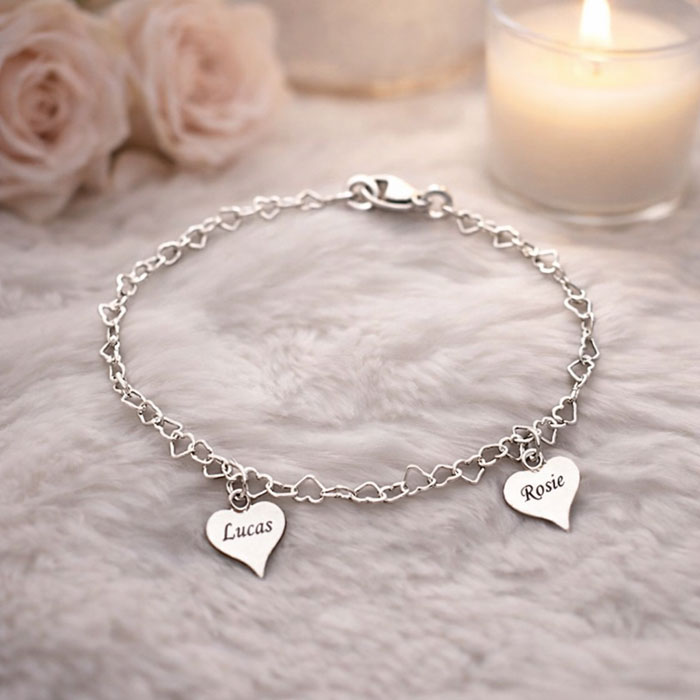 Mum's Silver Double Personalised Engraved Heart Bracelet