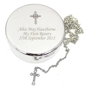 Rosary Beads and Engraved Cross Round Trinket Box