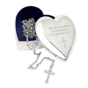 Rosary Beads & Personalised Engraved Cross Heart Trinket Box