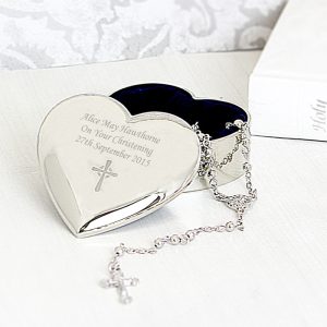 Rosary Beads & Personalised Engraved Cross Heart Trinket Box