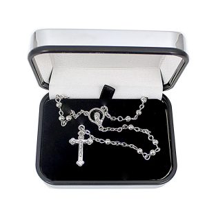Silver Rosary Beads & Personalised Engraved Cross Rosary Box