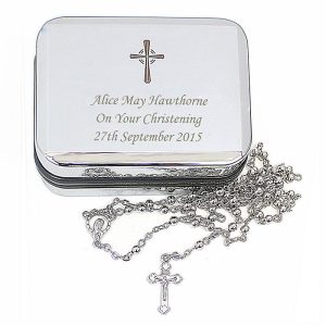 Silver Rosary Beads & Personalised Engraved Cross Rosary Box