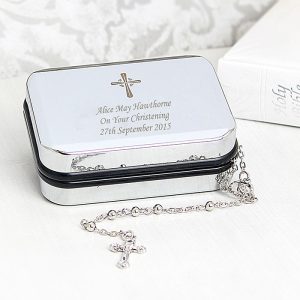Silver Rosary Beads & Personalised Engraved Cross Rosary Box