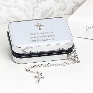 Silver Rosary Beads & Personalised Engraved Cross Rosary Box