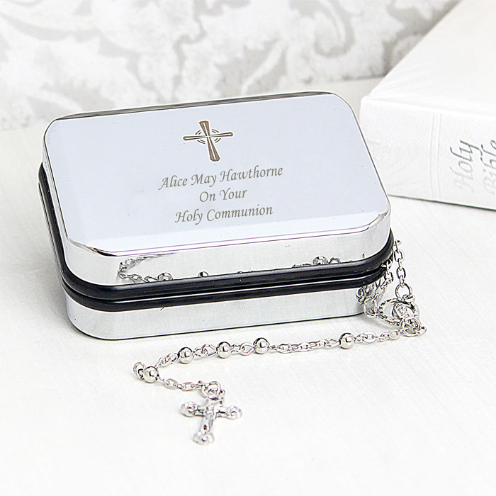 Silver Rosary Beads & Personalised Engraved Cross Rosary Box