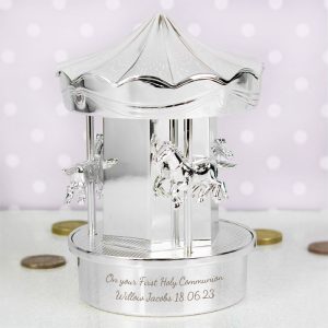 Silver Plated Personalised Moving Carousel Baby Money Box