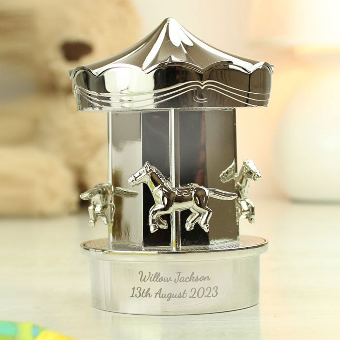 Silver Plated Personalised Moving Carousel Baby Money Box