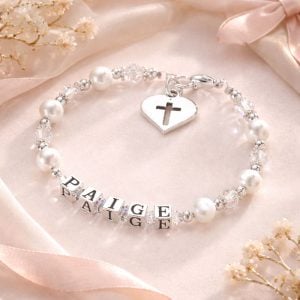 Pearl & Sterling Silver Name Bracelet with Heart & Cross