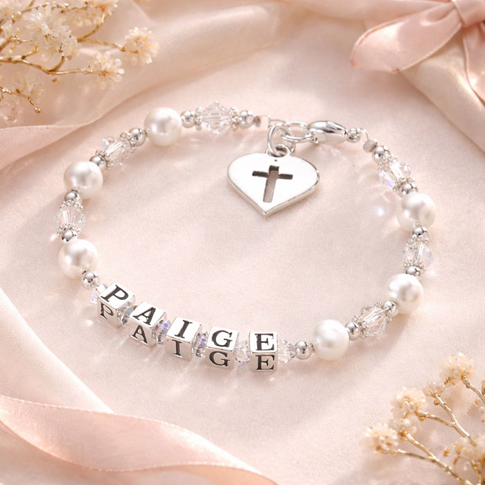 Pearl & Sterling Silver Name Bracelet with Heart & Cross