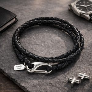 Men's Leather Wrap Bracelet With Engraved Steel Tag
