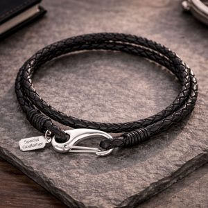 Leather Wrap Godfather Bracelet With Engraved Steel Tag