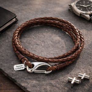 Leather Wrap Godfather Bracelet With Engraved Steel Tag