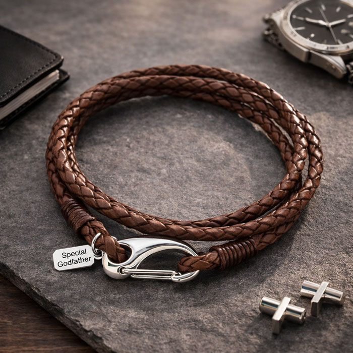 Leather Wrap Godfather Bracelet With Engraved Steel Tag