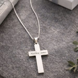 Boys Sterling Silver Personalised Christening Cross Necklace