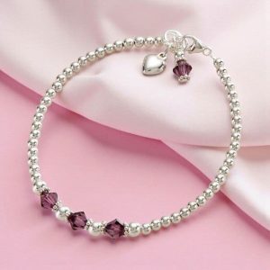 Girl's Sterling Silver Birthstone Heart Charm Bracelet