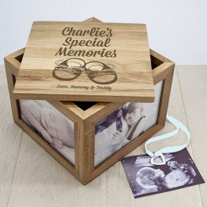 Personalised Baby Shoes Oak Photo Keepsake Box
