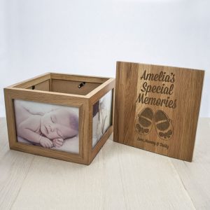Personalised Baby Shoes Oak Photo Keepsake Box