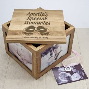 Personalised Baby Shoes Oak Photo Keepsake Box