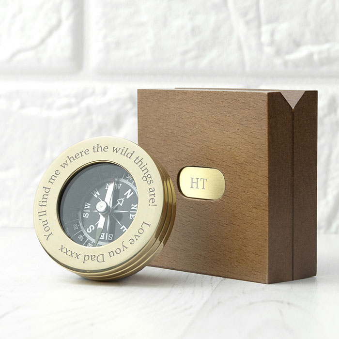 Personalised brass travellers compass in an engraved mahogany wooden box