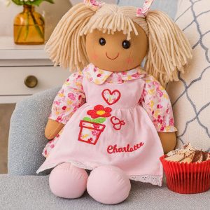 Girl's Personalised Rag Doll Toy in Pink Floral Dress