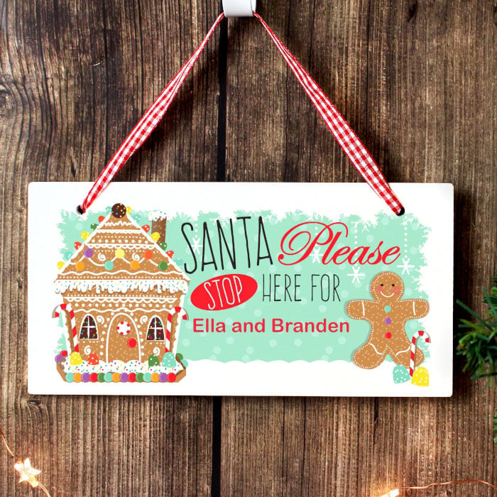 Personalised Gingerbread House Santa Stop Here Wooden Sign