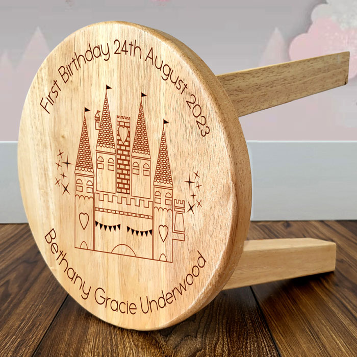 Girls First Birthday Gift Personalised Castle Wooden Stool