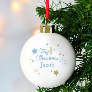 Personalised Gold and Blue Stars My 1st Christmas Bauble