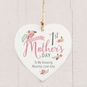 Personalised Floral Bouquet 1st Mothers Day Wooden Heart
