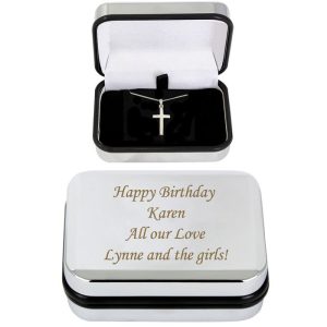 Personalised Box & Silver Plated Cross Necklace 16 inch