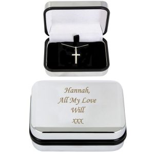 Personalised Box & Silver Plated Cross Necklace 16 inch