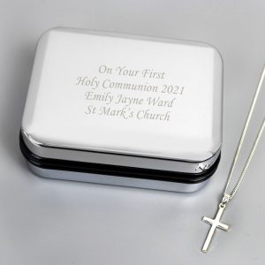 Personalised Box & Silver Plated Cross Necklace 16 inch