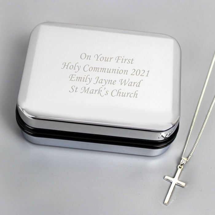 Personalised Box & Silver Plated Cross Necklace 16 inch